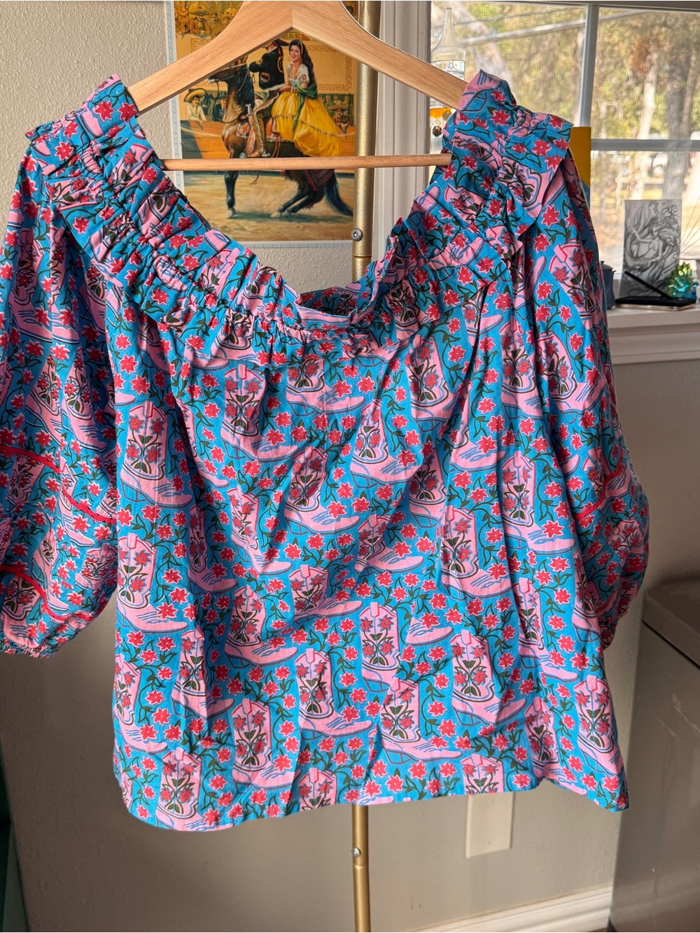 Printfresh Blue and Pink Off-Shoulder Blouse